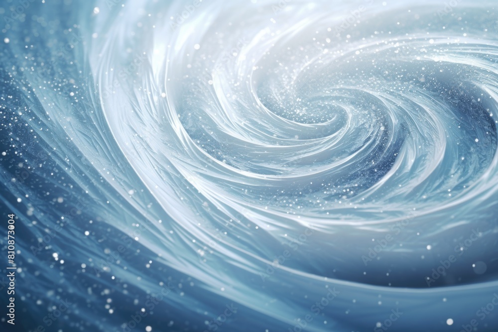 Poster a swirling blue ocean with snowflakes falling on it. concept of movement and energy, as if the ocean