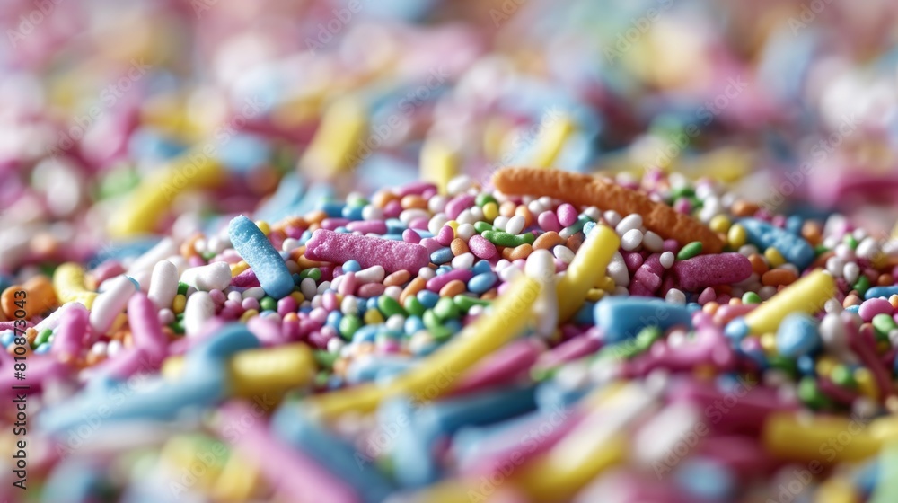 Poster a pile of colorful sprinkles on a table. the sprinkles are in various colors and sizes, creating a v