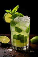 Fototapeta premium A glass of limeade with a lime wedge on top. The drink is served in a tall glass with ice cubes and a sprig of mint
