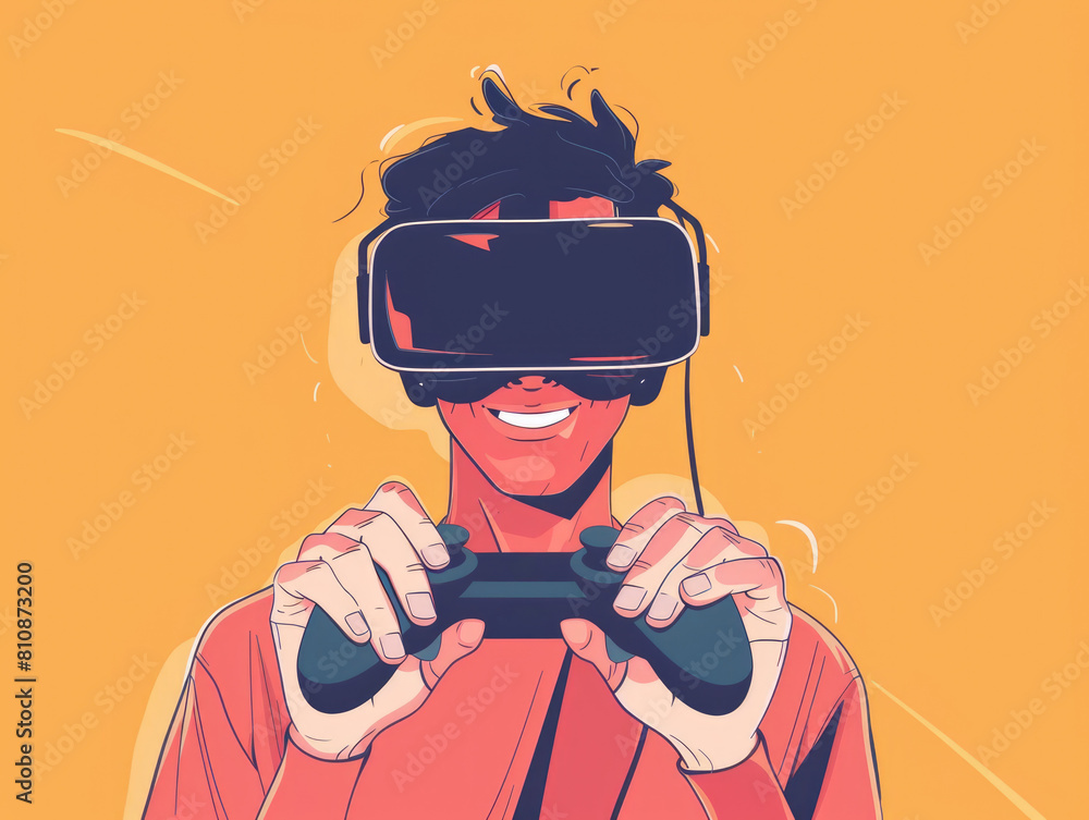 Poster a man is holding a video game controller and smiling. concept of fun and enjoyment, as the man is li