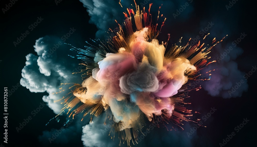 Wall mural capturing vibrant particles bursting outward from a central point, radiating dynamic energy and move