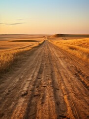 Fototapeta premium A dirt road in a field with a sunset in the background. The road is long and empty, with no cars or people in sight. The sky is a mix of orange and blue, creating a warm and peaceful atmosphere