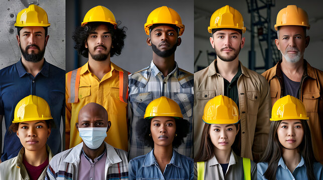 Multiethnic group of workers around the world wearing yellow hard hats May Day concept