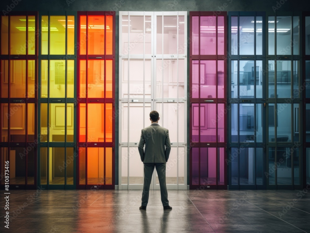 Poster a man stands in front of a row of colorful doors, looking at them with a thoughtful expression. the 