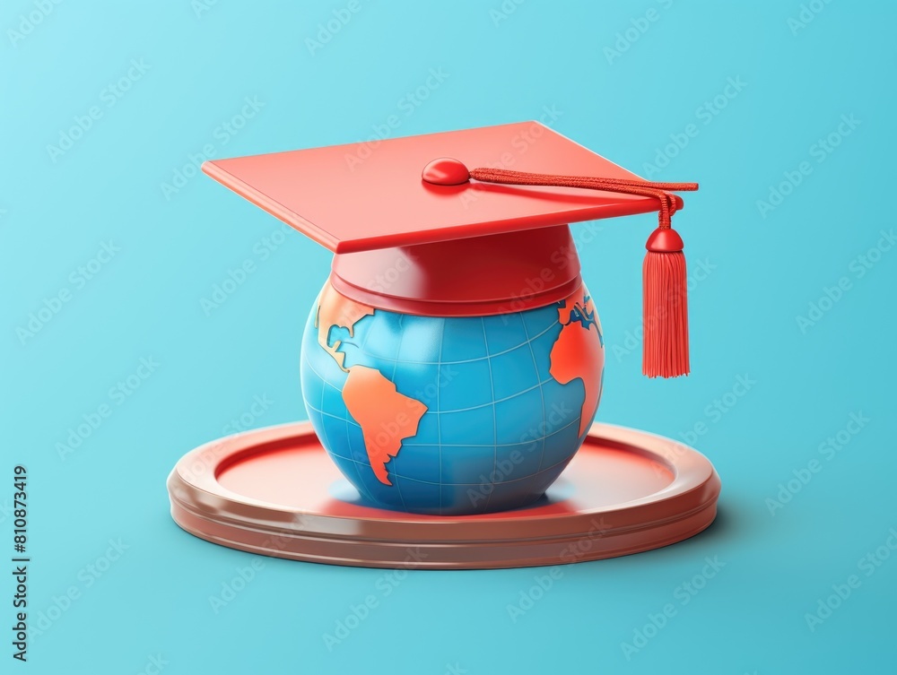 Poster a red cap with a red tassel sits on top of a globe. the globe is surrounded by a wooden base. concep