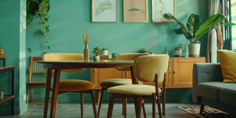 Fototapeta premium A living room with a green wall and a yellow chair. The chair is in front of a table with a vase on it. There are two potted plants in the room, one on the left and one on the right