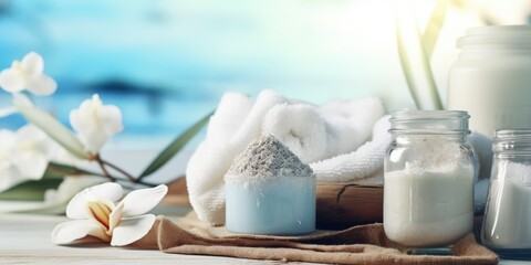 A jar of salt sits on a table next to a jar of sugar and a jar of flour. A white towel is draped over a wooden surface. The scene is set against a backdrop of blue sky and white flowers