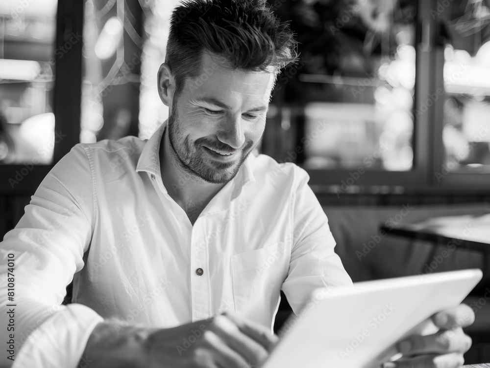 Poster a man is sitting at a table with a tablet in front of him. he is smiling and he is enjoying himself