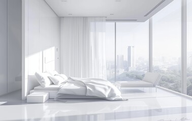 A minimalist white bedroom with sleek furniture, large windows showing a cityscape, and a plush bed with crisp linens