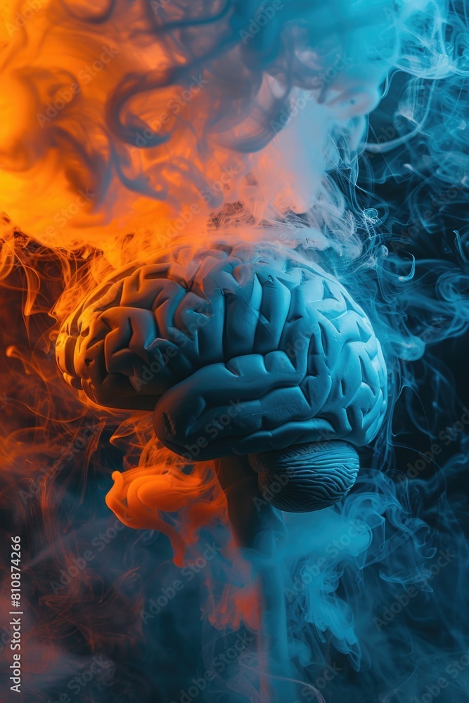 Poster a brain is shown in a blue and orange color scheme, with smoke surrounding it. the brain appears to 