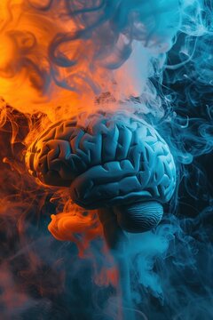 A brain is shown in a blue and orange color scheme, with smoke surrounding it. The brain appears to be in a state of confusion or disarray, as if it is being bombarded by the smoke