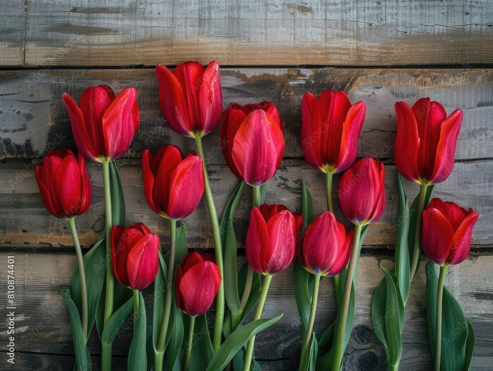 Poster A row of red tulips are arranged on a wooden surface. The flowers are in full bloom and are arranged in a neat row. Scene is one of beauty and serenity