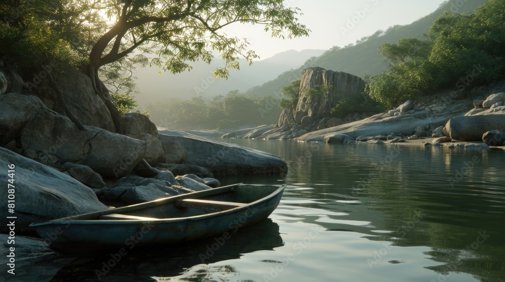 Poster a small boat is floating in a river with a mountain in the background. the scene is peaceful and ser