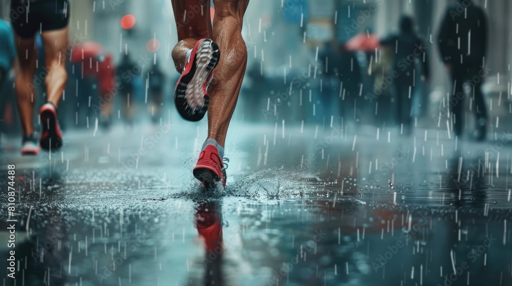 Poster a runner is running in the rain with a red shoe. concept of determination and perseverance despite t