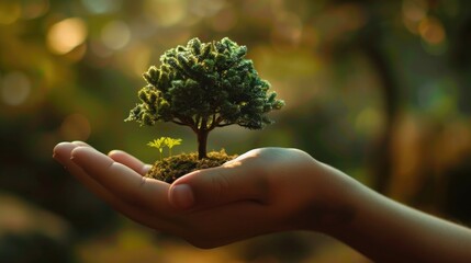 A hand holding a small tree in a pot. The tree is green and he is a young sapling. Concept of nurturing and care for the plant, as the person is holding it up to the camera