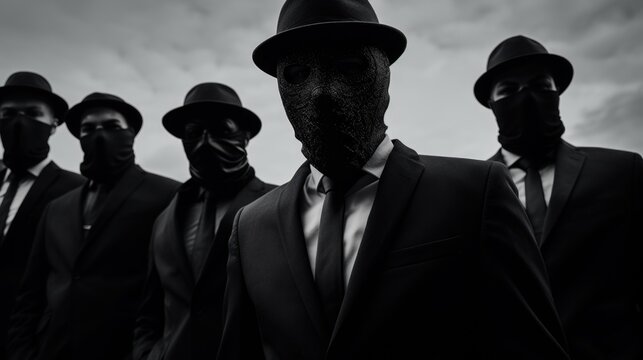 A group of men wearing black suits and hats with a black face mask. Concept of mystery and intrigue