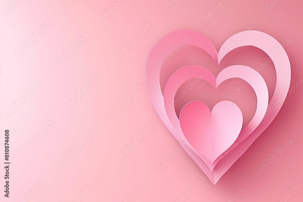 Poster a pink background with three hearts on it. the hearts are cut out of paper and are arranged in a way