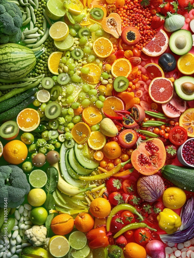 Wall mural A colorful assortment of fruits and vegetables arranged in a rainbow pattern. Concept of abundance and freshness, showcasing the variety of healthy foods available - Wall murals