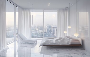 A minimalist white bedroom with sleek furniture, large windows overlooking the cityscape, and soft lighting from modern pendant lamps