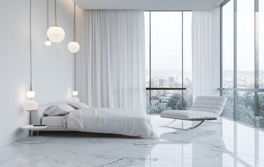 A minimalist white bedroom with sleek furniture, large windows overlooking the cityscape, and soft lighting from modern pendant lamps