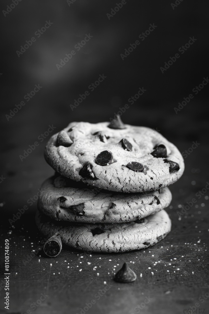 Aufkleber a stack of chocolate chip cookies on a table. the cookies are piled on top of each other and there i