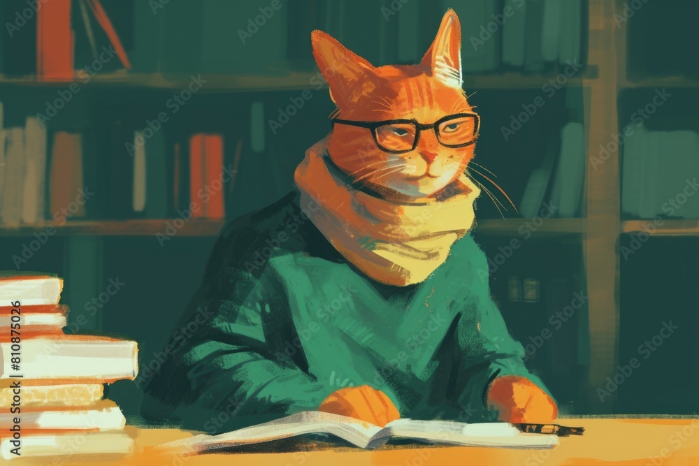 Poster a cat wearing glasses and a scarf sits at a desk with a book in front of it. the cat appears to be r