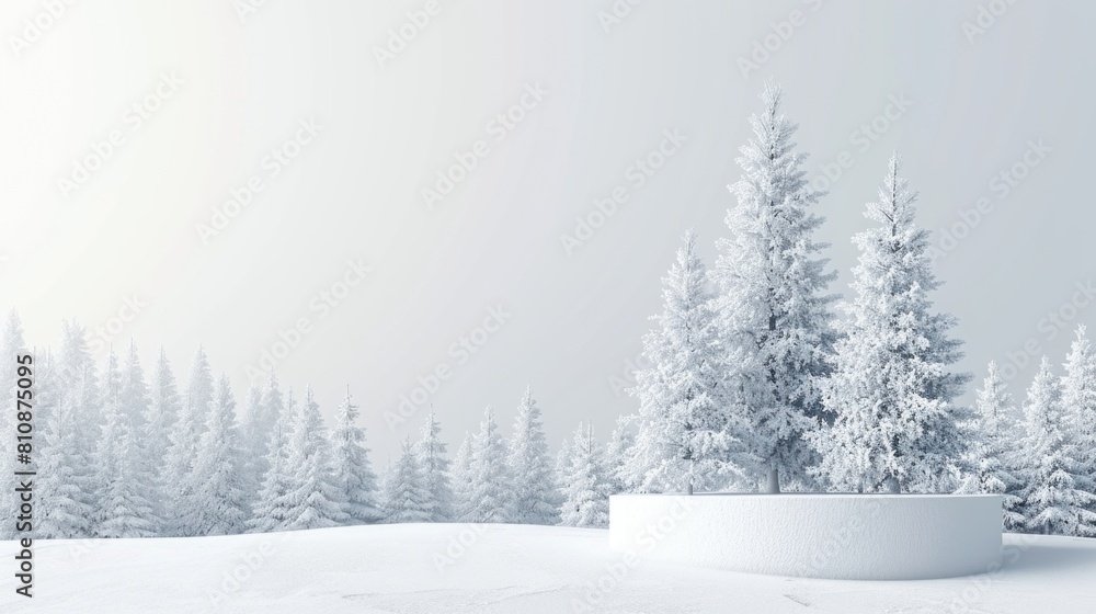 Poster a snowy landscape with a white background and three trees in the foreground. the trees are bare and 
