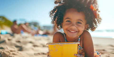 Mixed race girl child playing with beach bucket on the beach summer time