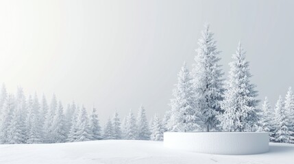 A snowy landscape with a white background and three trees in the foreground. The trees are bare and covered in snow, giving the scene a peaceful and serene atmosphere