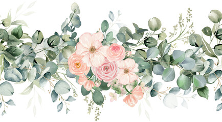 Eucalyptus and blush pink flowers seamless border. Watercolor greenery on transparent background