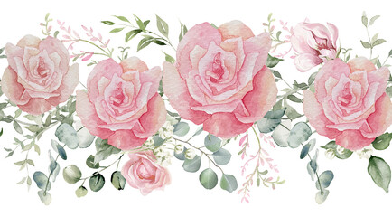 Pink flowers and eucalyptus greenery. Watercolor seamless floral border on transparent background