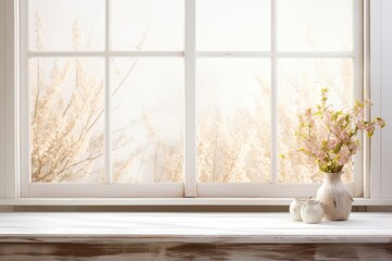 A vase of flowers sits on a window sill next to a white vase. The scene is peaceful and calming, with the flowers adding a touch of color and life to the room