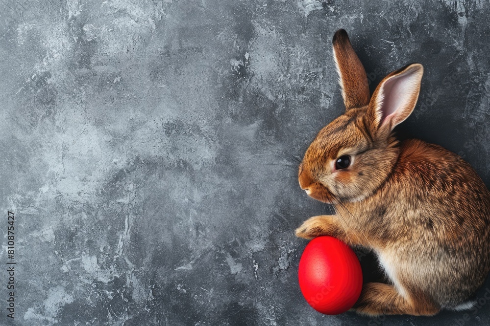 Poster a rabbit is sitting on a grey surface with a red ball in front of it. the rabbit is curious about th