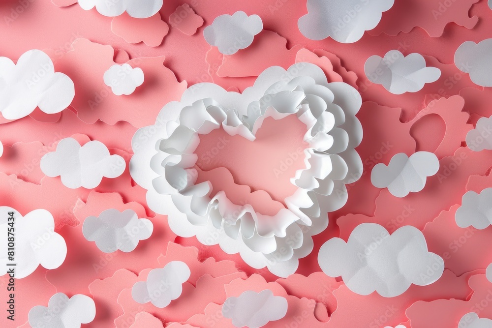 Poster a heart is cut out of a sheet of paper and placed in the middle of a sheet of clouds