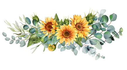 Watercolor sunflower and eucalyptus bouquet on transparent background © Link Parker