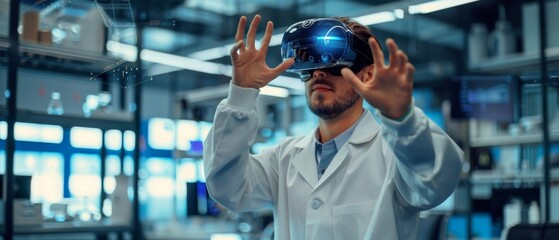 A 3D content creator in a laboratory wearing a virtual reality headset works and gestures in augmented reality. A stylish low angle portrait shot of the engineer.