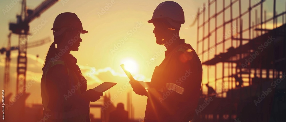 Poster an engineering team uses a tablet computer on a construction site. a team of specialists discuss det