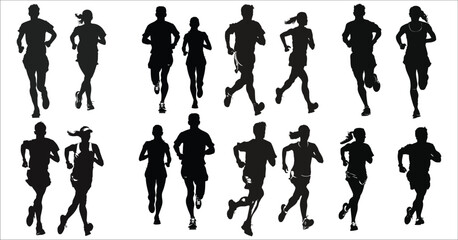 Men and women runners silhouette, Runner Silhouette, Young people running silhouettes, Runners silhouettes collection, Running man and woman black silhouettes, Running, Jogging, Women, Exercise, Sport