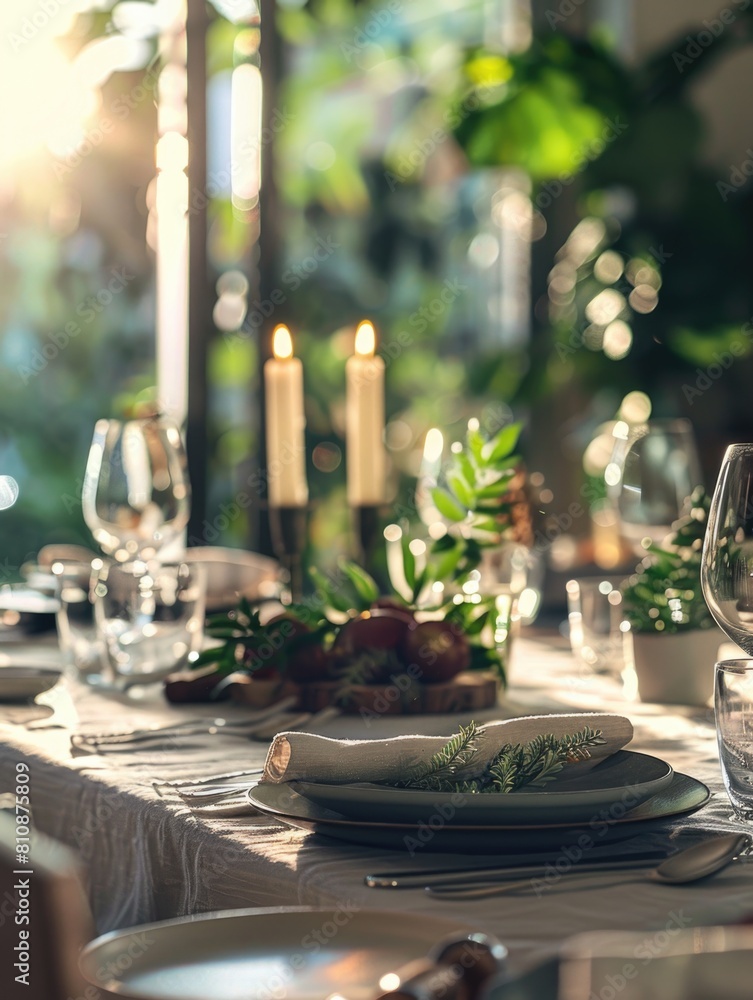 Aufkleber a table with a white tablecloth and a candle in the middle. the table is set for a dinner party with