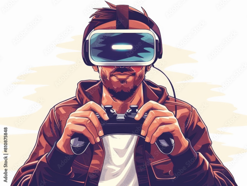 Poster a man is playing a video game with a virtual reality headset on. he is holding a controller and he i