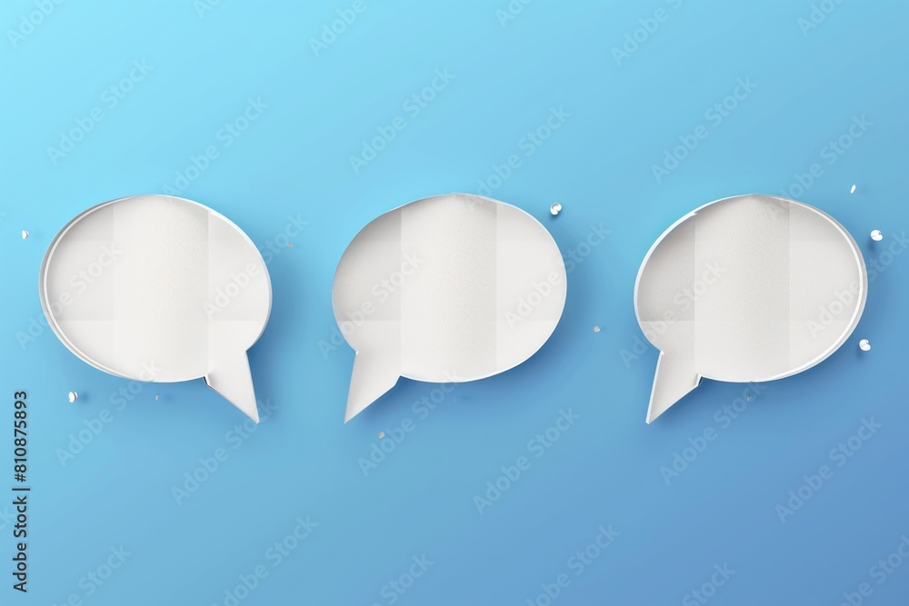 Aufkleber three white speech bubbles on a blue background. the bubbles are all different sizes and are arrange
