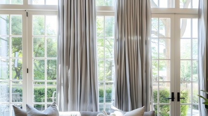 Fototapeta premium Large windows with flowing drapes let in plenty of natural light, creating a bright and airy atmosphere