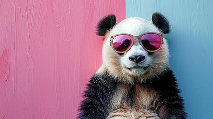 illustration of panda wearing goggles or glasses on pastel background , with space for text 