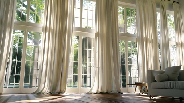 Large windows with flowing drapes let in plenty of natural light, creating a bright and airy atmosphere