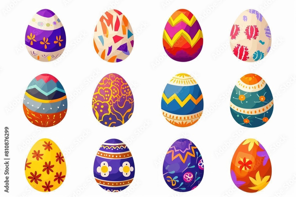 Poster a set of colorful eggs with various patterns and designs. the eggs are arranged in a grid, with some