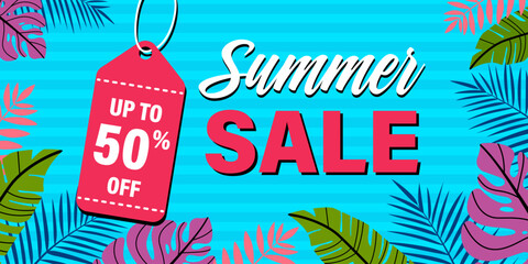 Summer sale editable template banner with tropical leaves. and bubble forms for flyer, invitation, poster, website or greeting card. stock illustration
