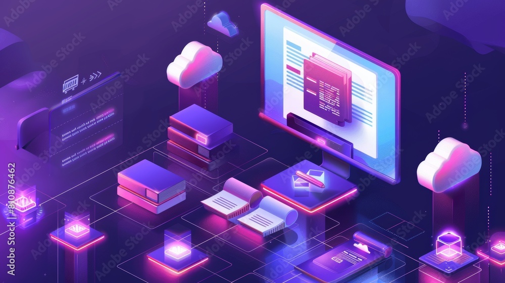 Poster digital paper organization and online document storage isometric landing page. drawer on computer sc