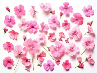 A close up of pink flowers with a white background. The flowers are scattered all over the image, creating a sense of abundance and beauty. The pink color of the flowers evokes feelings of love