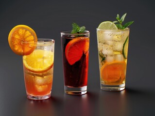 Three glasses of different colored drinks with a slice of orange on top. The drinks are served in a row