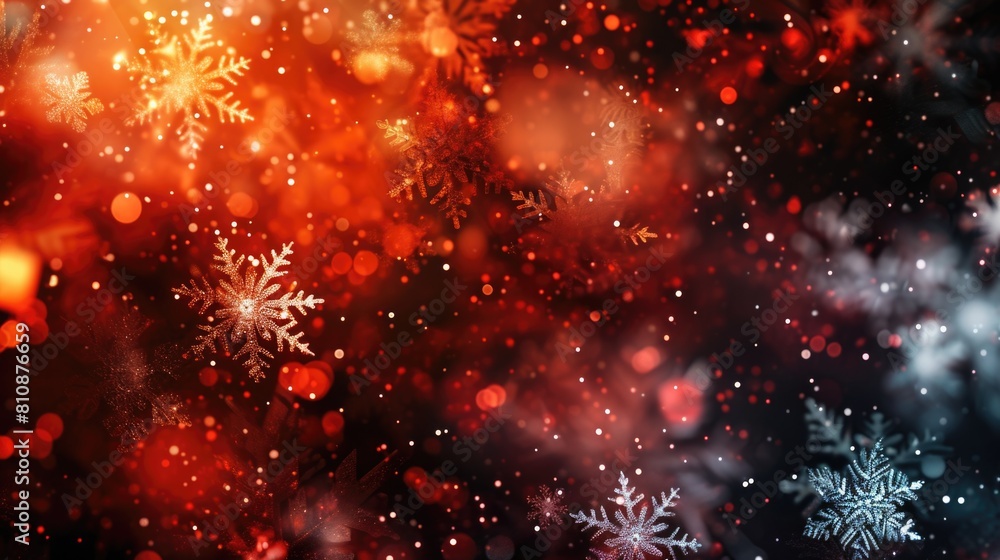 Poster a snowflake pattern with red and black colors. the snowflakes are scattered throughout the image, cr